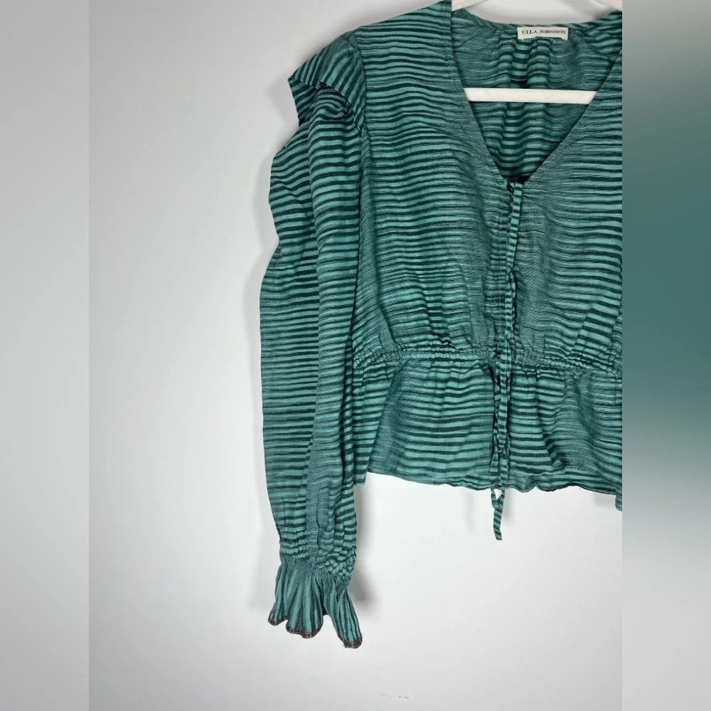 Ulla Johnson Ophelia Cotton Voile Peplum Blouse Teal/ Green Stripe sz 6